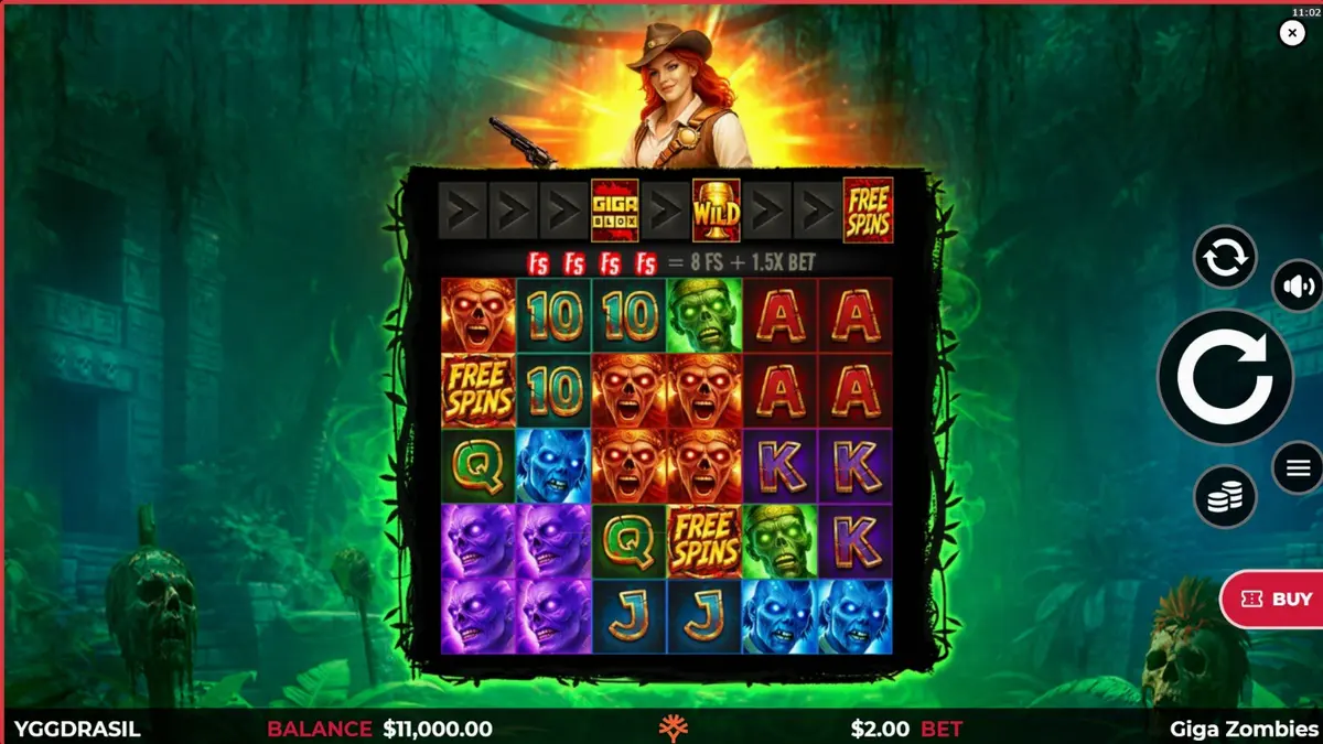 Cena de jogo do slot Giga Zombies com temática de selva maia e zumbis